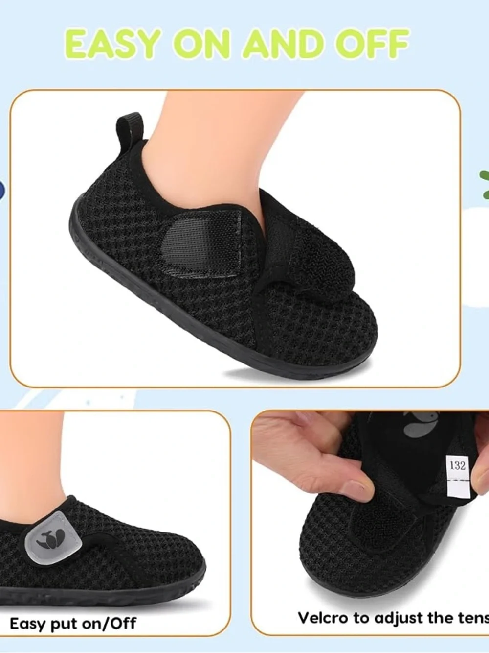 BRAND NEW 18-24M Black Mesh Slip-On Shoes with Hook-and-Loop Strap Water Shoes